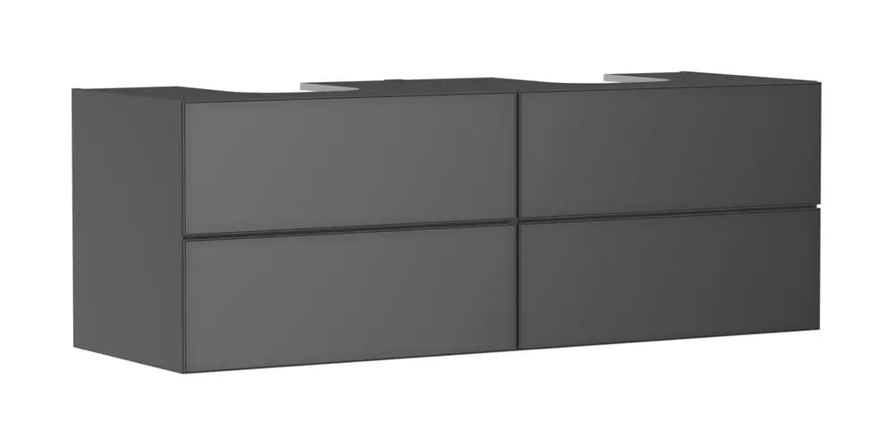 Waschtischunterschrank von Hansgrohe mit vier Schubkästen in schiefergrau matt, geeignet für zwei Aufsatzwaschtische, modernes Design ohne sichtbare Armaturen.